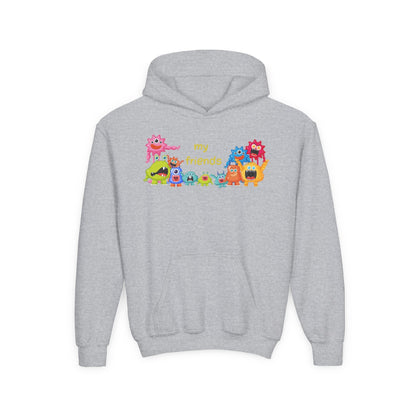 Youth Heavy Blend Hooded Sweatshirt - Colorful Monster Friends Printify