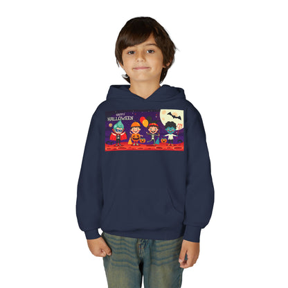 Youth Heavy Blend Hooded Sweatshirt - Super kiddo with friends on holloween - [[{"value":"Wonderwear Kid"}]]