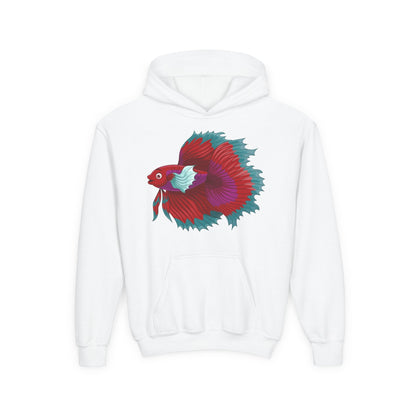 Youth Heavy Blend Hooded Sweatshirt - Red Siamese fighting fish Printify