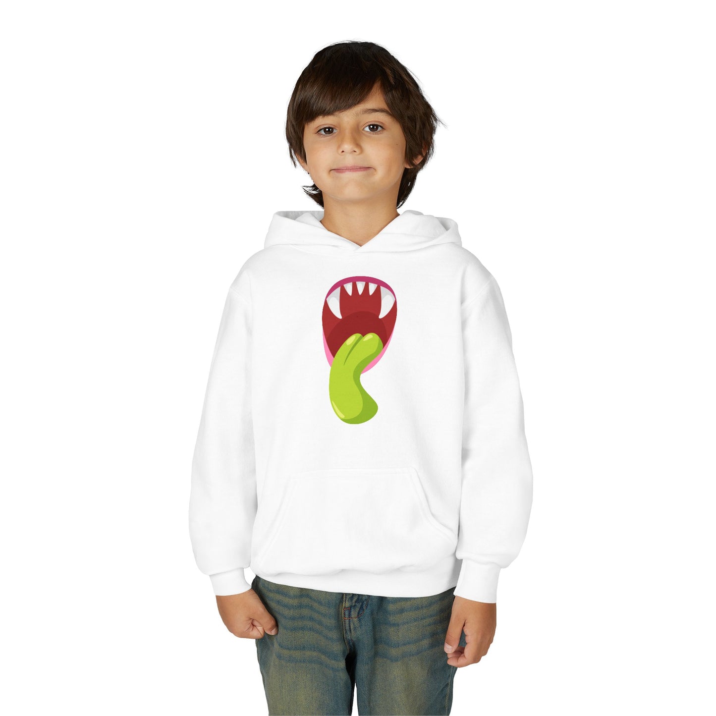 Youth Heavy Blend Hooded Sweatshirt - Monster showing tongue