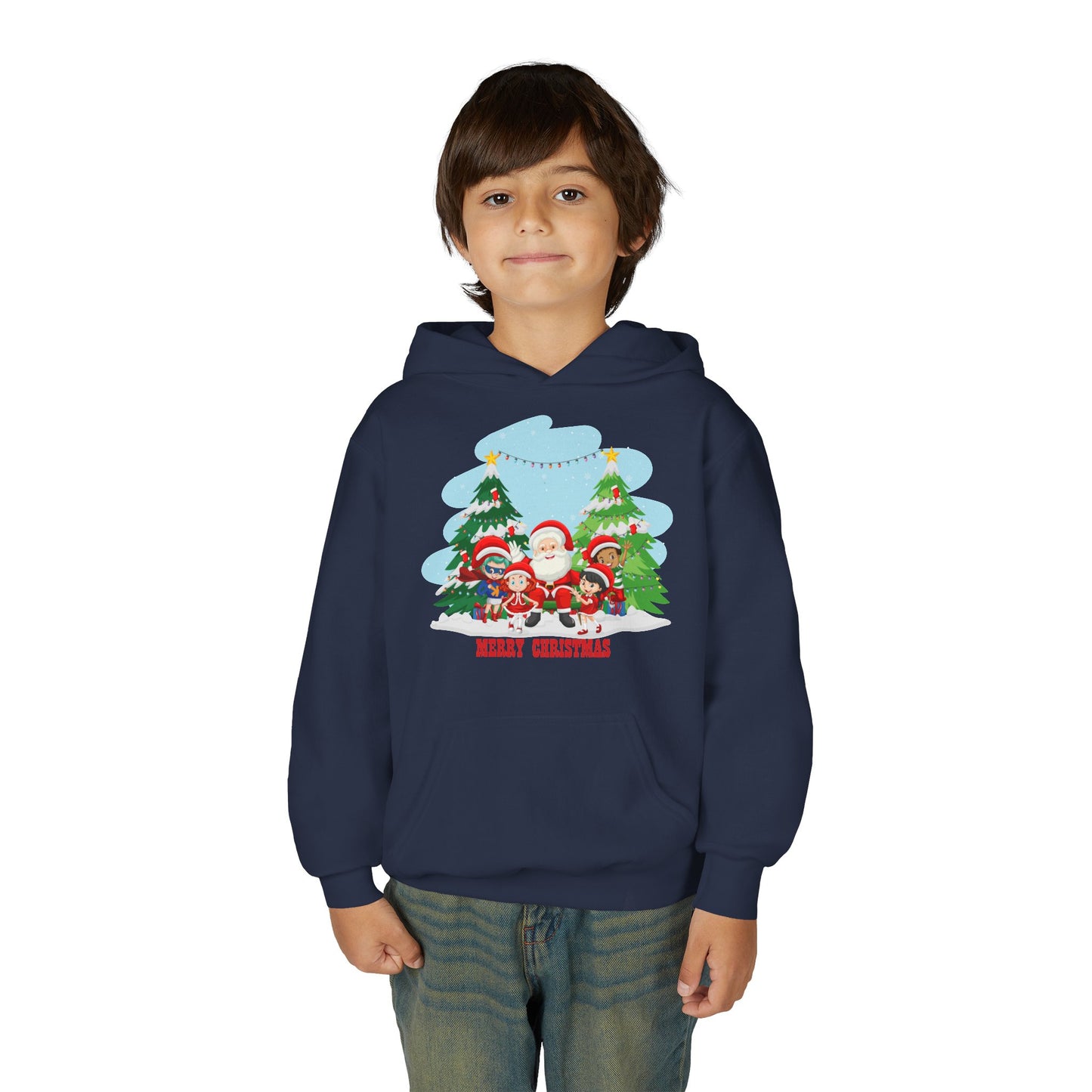 Youth Heavy Blend Hooded Sweatshirt - Super kiddo with santa claus Merry christmas