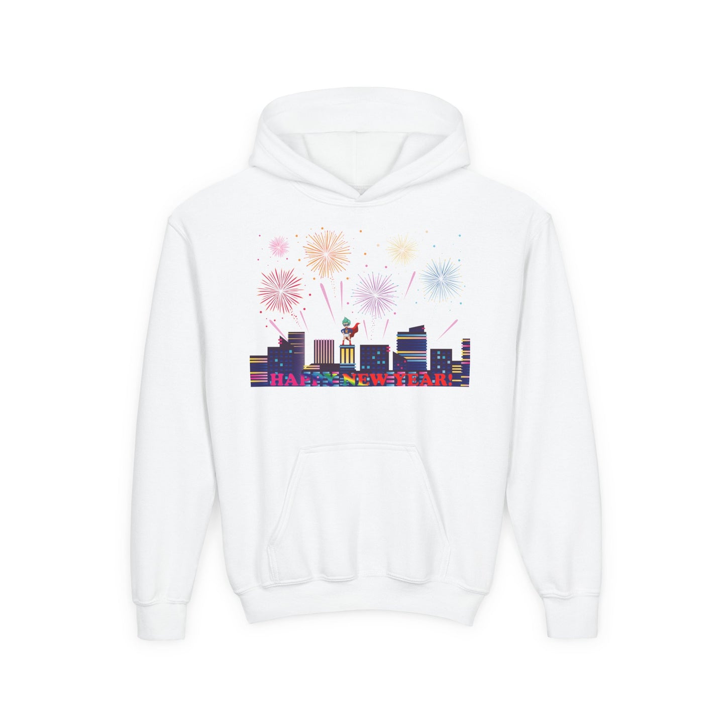 Youth Heavy Blend Hooded Sweatshirt - Super kiddo with fireworks with text
