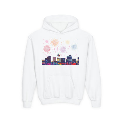 Youth Heavy Blend Hooded Sweatshirt - Super kiddo with fireworks with text - [[{"value":"Wonderwear Kid"}]]