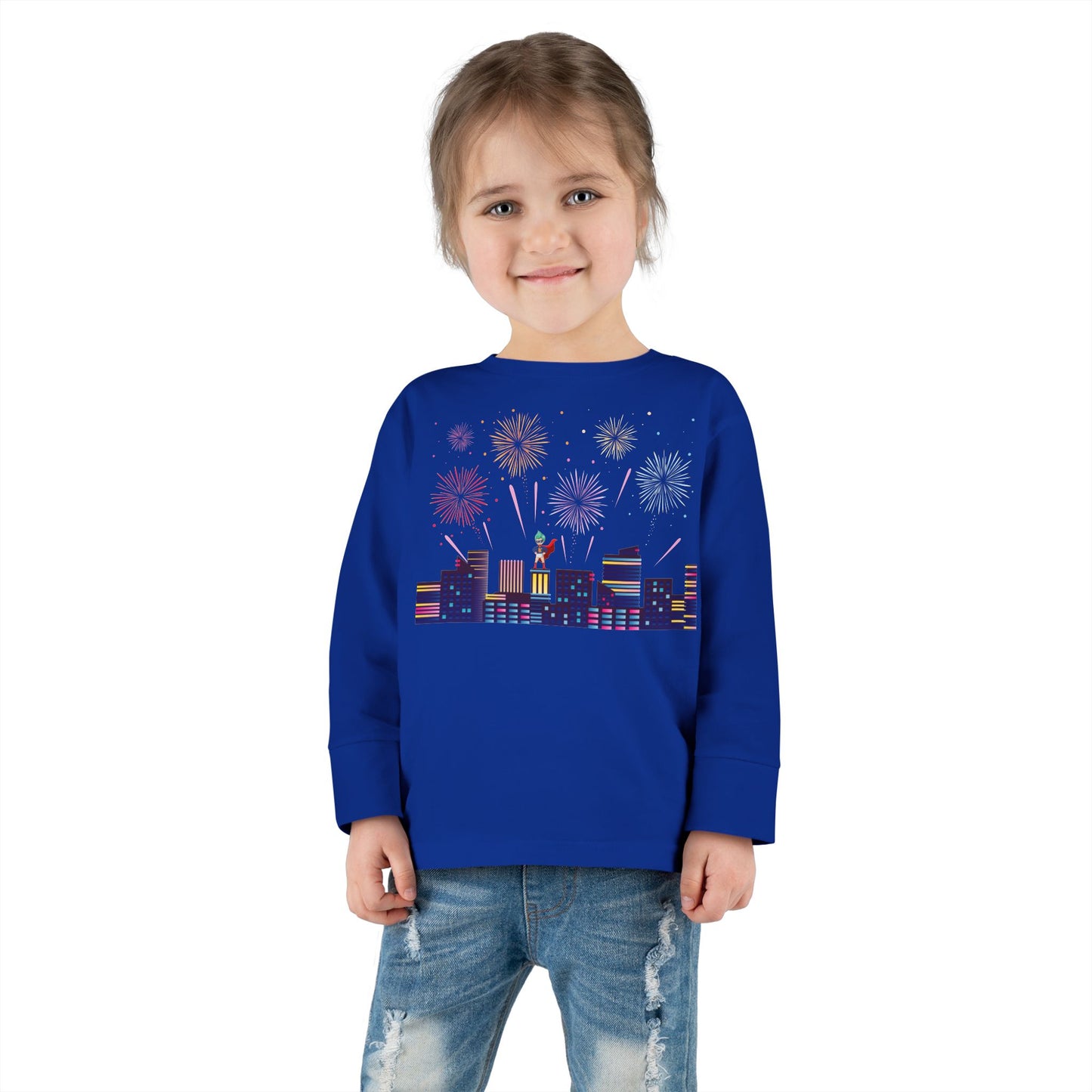 Toddler Long Sleeve Tee - Super kiddo with fireworks - [[{"value":"Wonderwear Kid"}]]