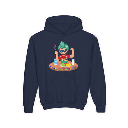 Youth Heavy Blend Hooded Sweatshirt - super kiddo eating healthy food - [[{"value":"Wonderwear Kid"}]]