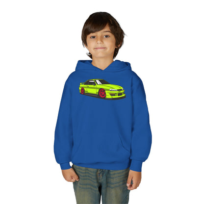Youth Heavy Blend Hooded Sweatshirt - Yellow green race car Printify