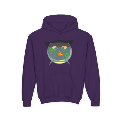Youth Heavy Blend Hooded Sweatshirt -  Black cat and gold fish Printify