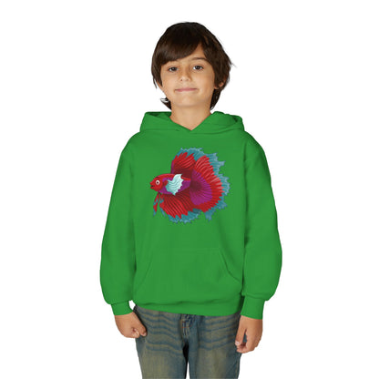 Youth Heavy Blend Hooded Sweatshirt - Red Siamese fighting fish Printify