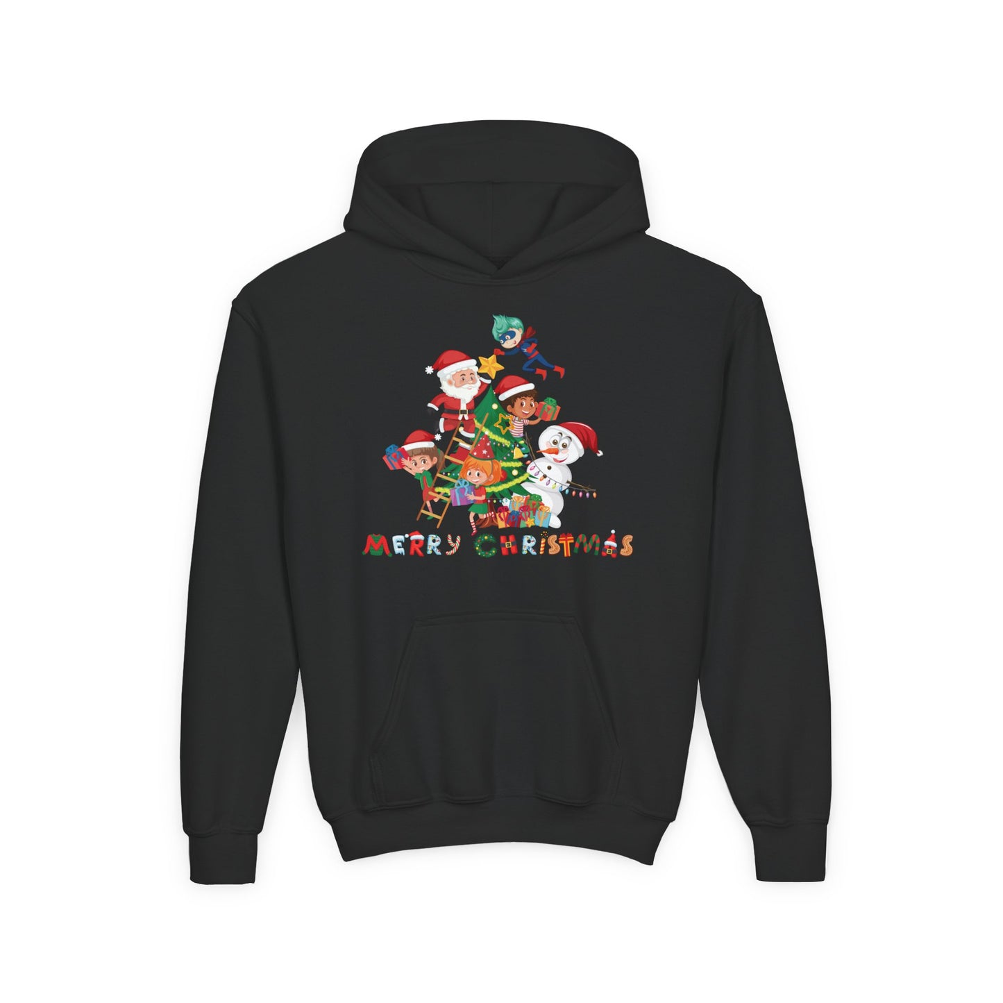 Youth Heavy Blend Hooded Sweatshirt - Super kiddo making christmas tree with text