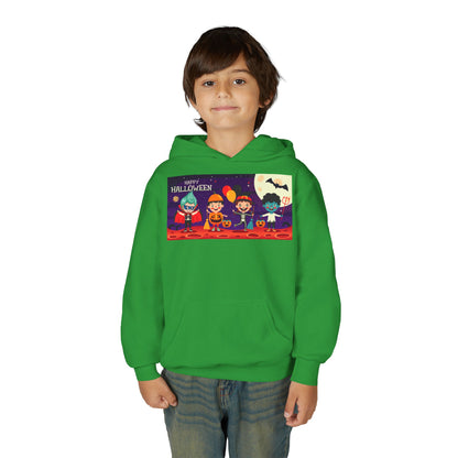 Youth Heavy Blend Hooded Sweatshirt - Super kiddo with friends on holloween - [[{"value":"Wonderwear Kid"}]]