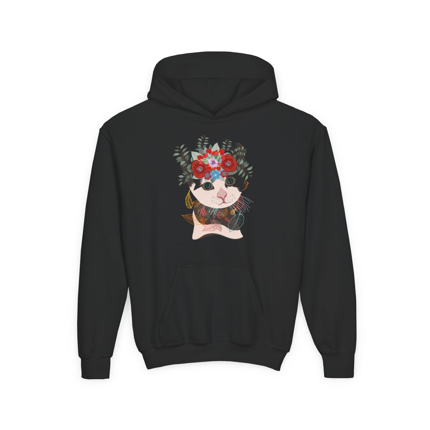 Youth Heavy Blend Hooded Sweatshirt - Lovely cat with crown flower