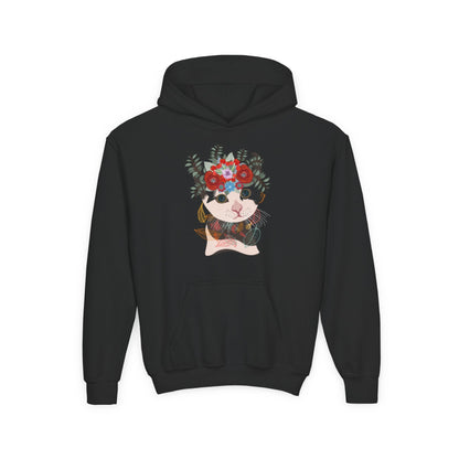 Youth Heavy Blend Hooded Sweatshirt - Lovely cat with crown flower Printify