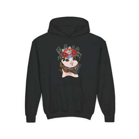 Youth Heavy Blend Hooded Sweatshirt - Lovely cat with crown flower Printify