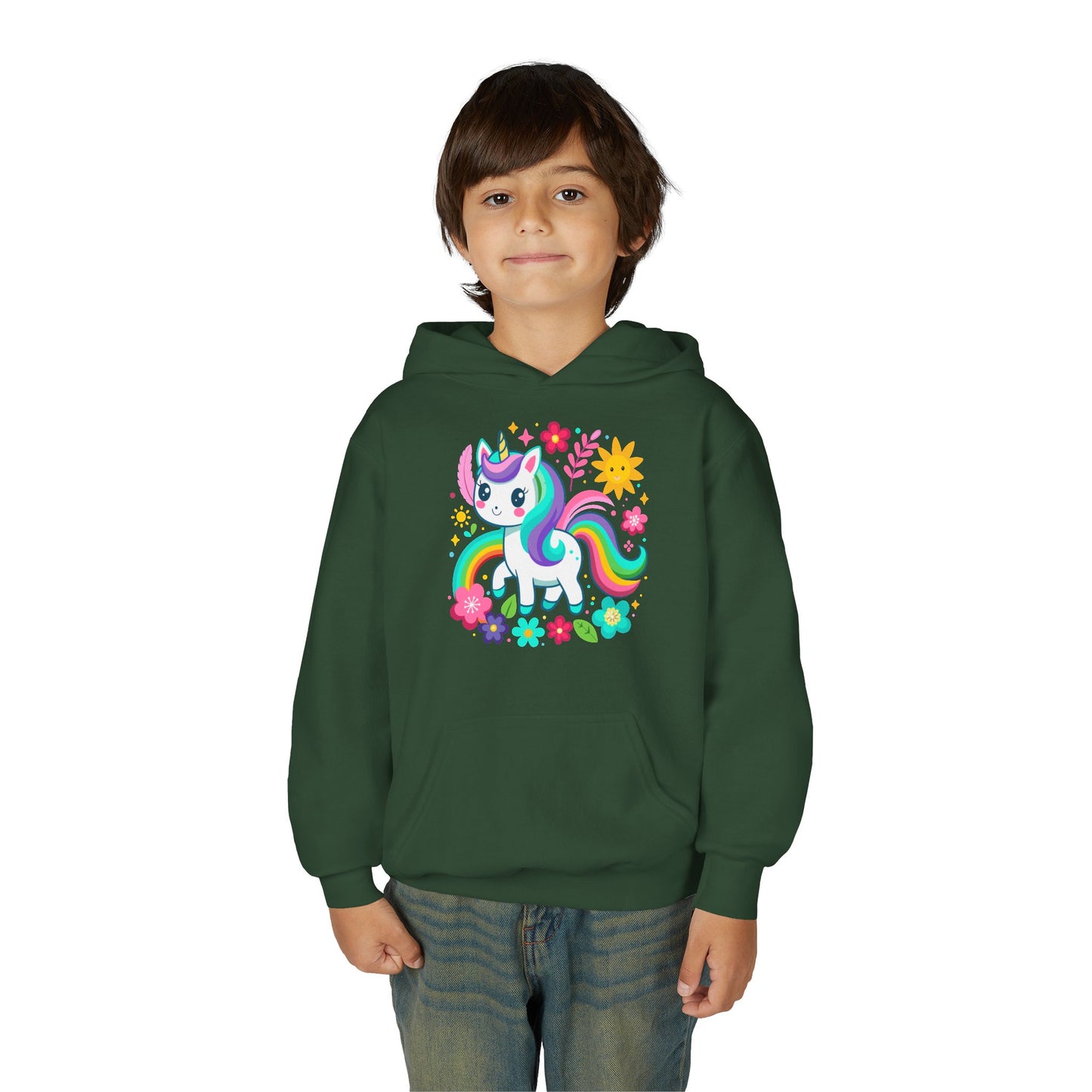 Youth Heavy Blend Hooded Sweatshirt - Unicorn with flowers