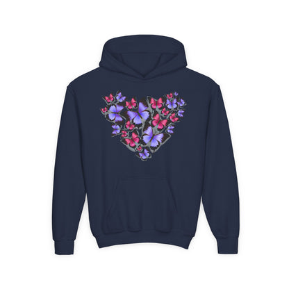 Youth Heavy Blend Hooded Sweatshirt -  Heart shape monarch butterfly Printify
