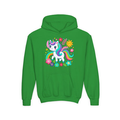 Youth Heavy Blend Hooded Sweatshirt - Unicorn with flowers Printify