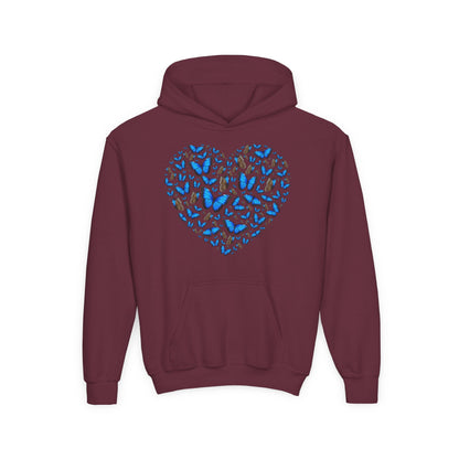 Youth Heavy Blend Hooded Sweatshirt -  Heart shape blue morpho butterfly Printify