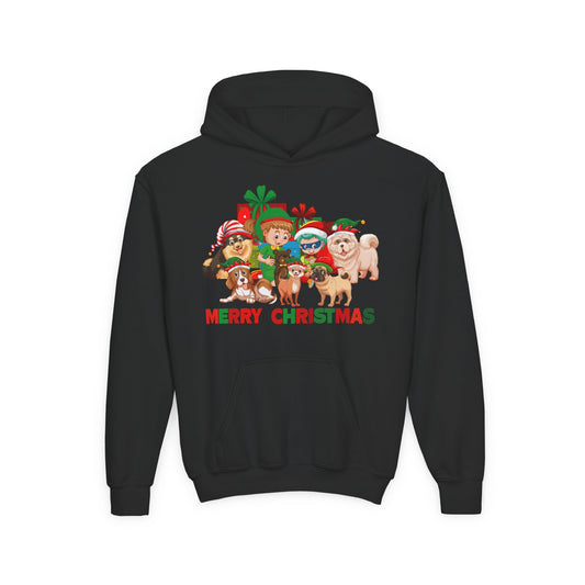 Youth Heavy Blend Hooded Sweatshirt - Christmas with super kiddo pet friends with text - [[{"value":"Wonderwear Kid"}]]