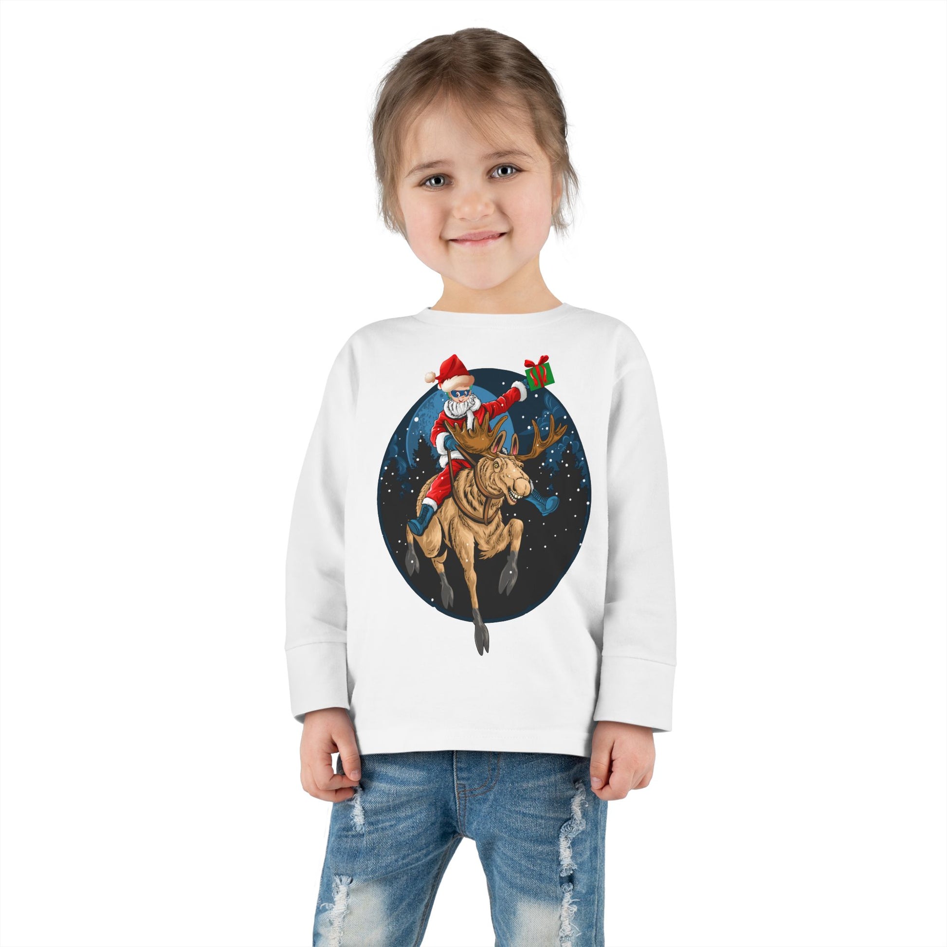 Toddler Long Sleeve Tee - Super kiddo riding a reindeer - [[{"value":"Wonderwear Kid"}]]
