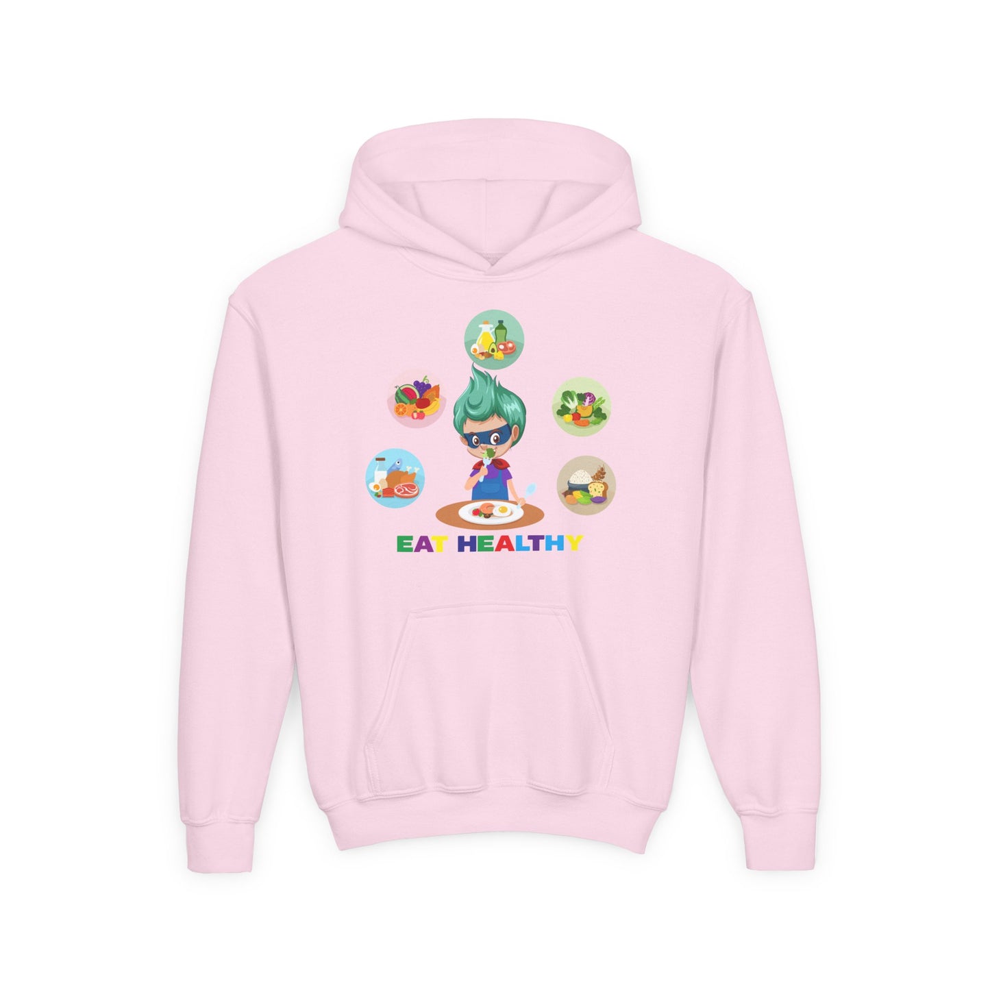 Youth Heavy Blend Hooded Sweatshirt - Supper kiddo showing healthy food to eat