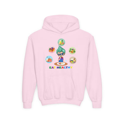 Youth Heavy Blend Hooded Sweatshirt - Supper kiddo showing healthy food to eat - [[{"value":"Wonderwear Kid"}]]