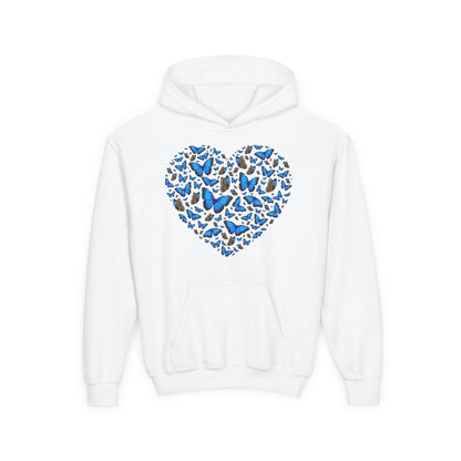 Youth Heavy Blend Hooded Sweatshirt -  Heart shape blue morpho butterfly Printify