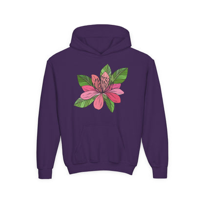 Youth Heavy Blend Hooded Sweatshirt -  Pink flower Printify