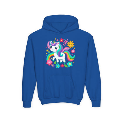 Youth Heavy Blend Hooded Sweatshirt - Unicorn with flowers Printify