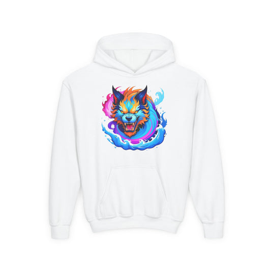 Youth Heavy Blend Hooded Sweatshirt - Vibrant Wolf Design
