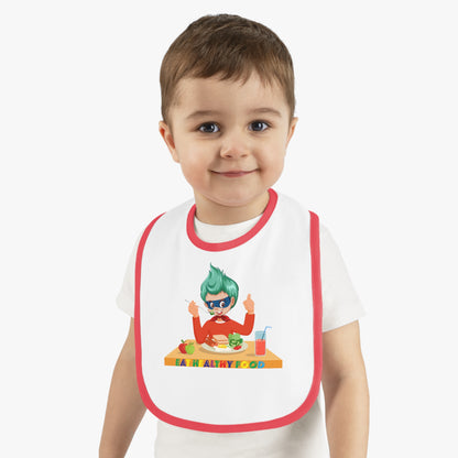 Baby Bib - Super kiddo eating healthy breafast - [[{"value":"Wonderwear Kid"}]]