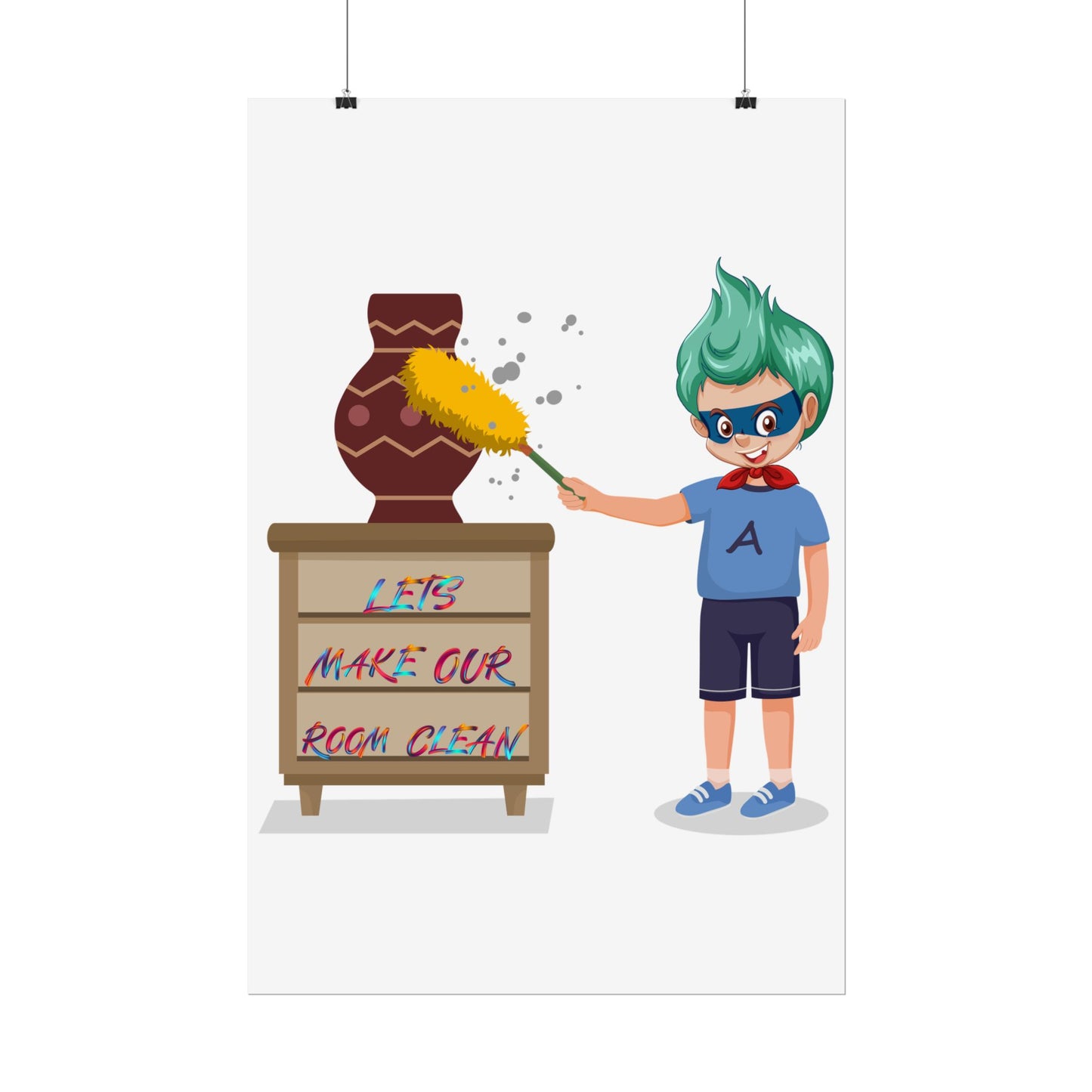 Rolled Posters - Super kiddo cleaning a vase - [[{"value":"Wonderwear Kid"}]]