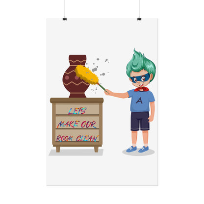Rolled Posters - Super kiddo cleaning a vase - [[{"value":"Wonderwear Kid"}]]