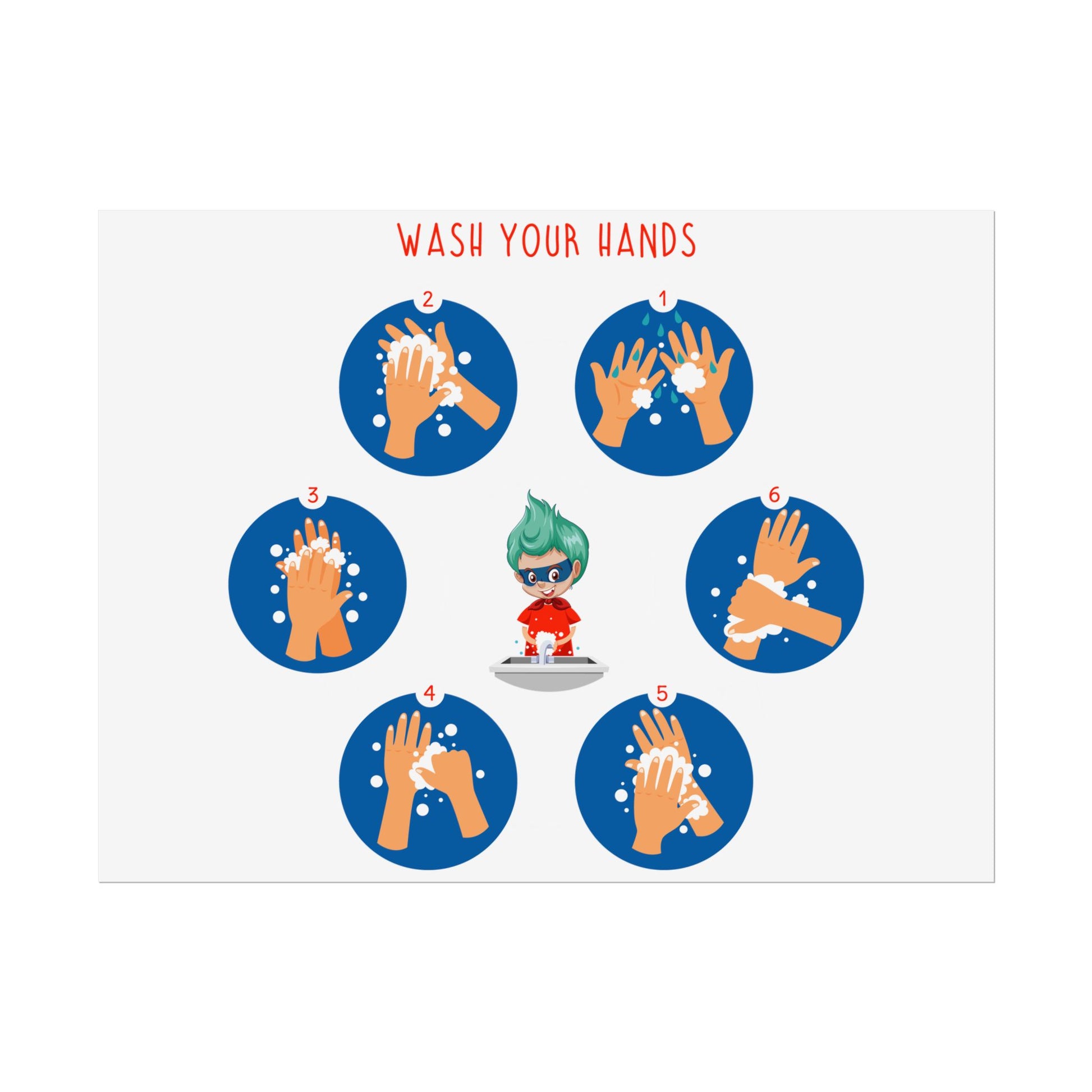 Rolled Posters - Super kiddo teaching how to wash hands - [[{"value":"Wonderwear Kid"}]]