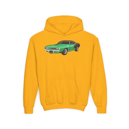 Youth Heavy Blend Hooded Sweatshirt - Vintage green car Printify