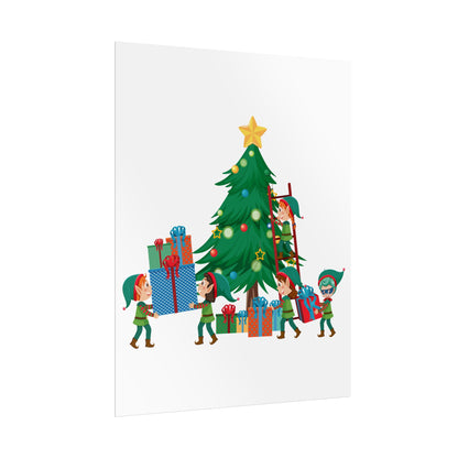 Rolled Posters - Super kiddo putting gifts on christmas tree - [[{"value":"Wonderwear Kid"}]]