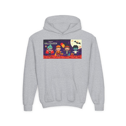 Youth Heavy Blend Hooded Sweatshirt - Super kiddo with friends on holloween - [[{"value":"Wonderwear Kid"}]]