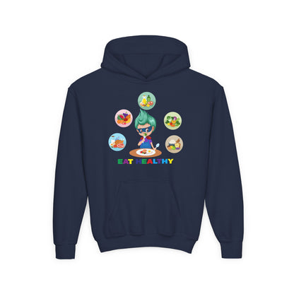 Youth Heavy Blend Hooded Sweatshirt - Supper kiddo showing healthy food to eat - [[{"value":"Wonderwear Kid"}]]
