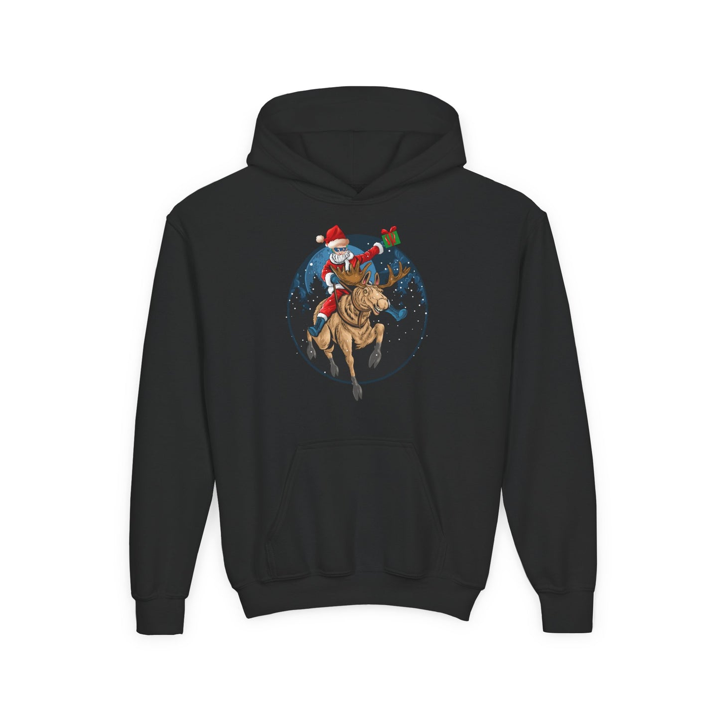Youth Heavy Blend Hooded Sweatshirt - Super kiddo riding a reindeer