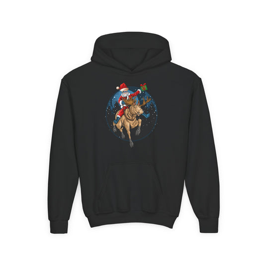 Youth Heavy Blend Hooded Sweatshirt - Super kiddo riding a reindeer - [[{"value":"Wonderwear Kid"}]]
