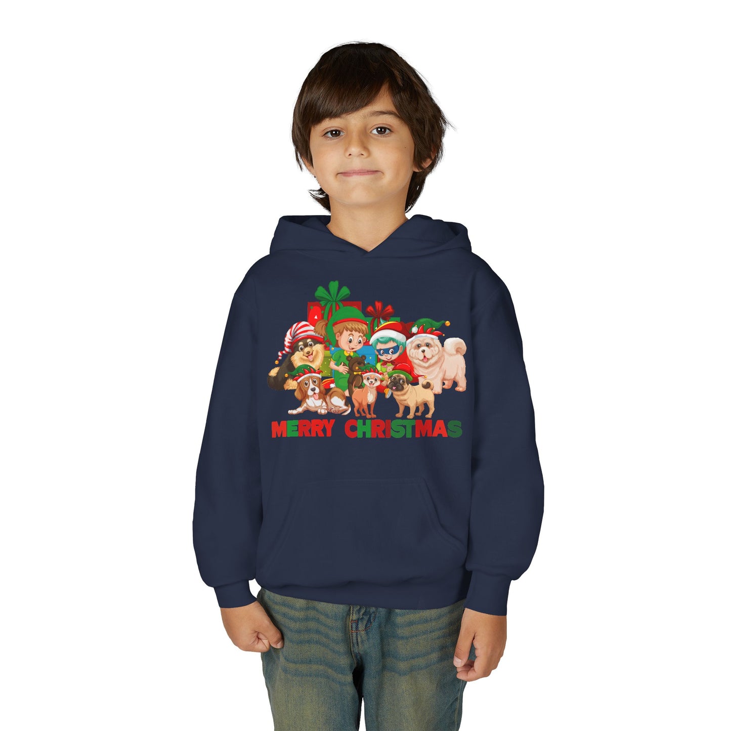 Youth Heavy Blend Hooded Sweatshirt - Christmas with super kiddo pet friends with text