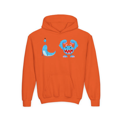 Youth Heavy Blend Hooded Sweatshirt - Happy toothy blue monsters Printify