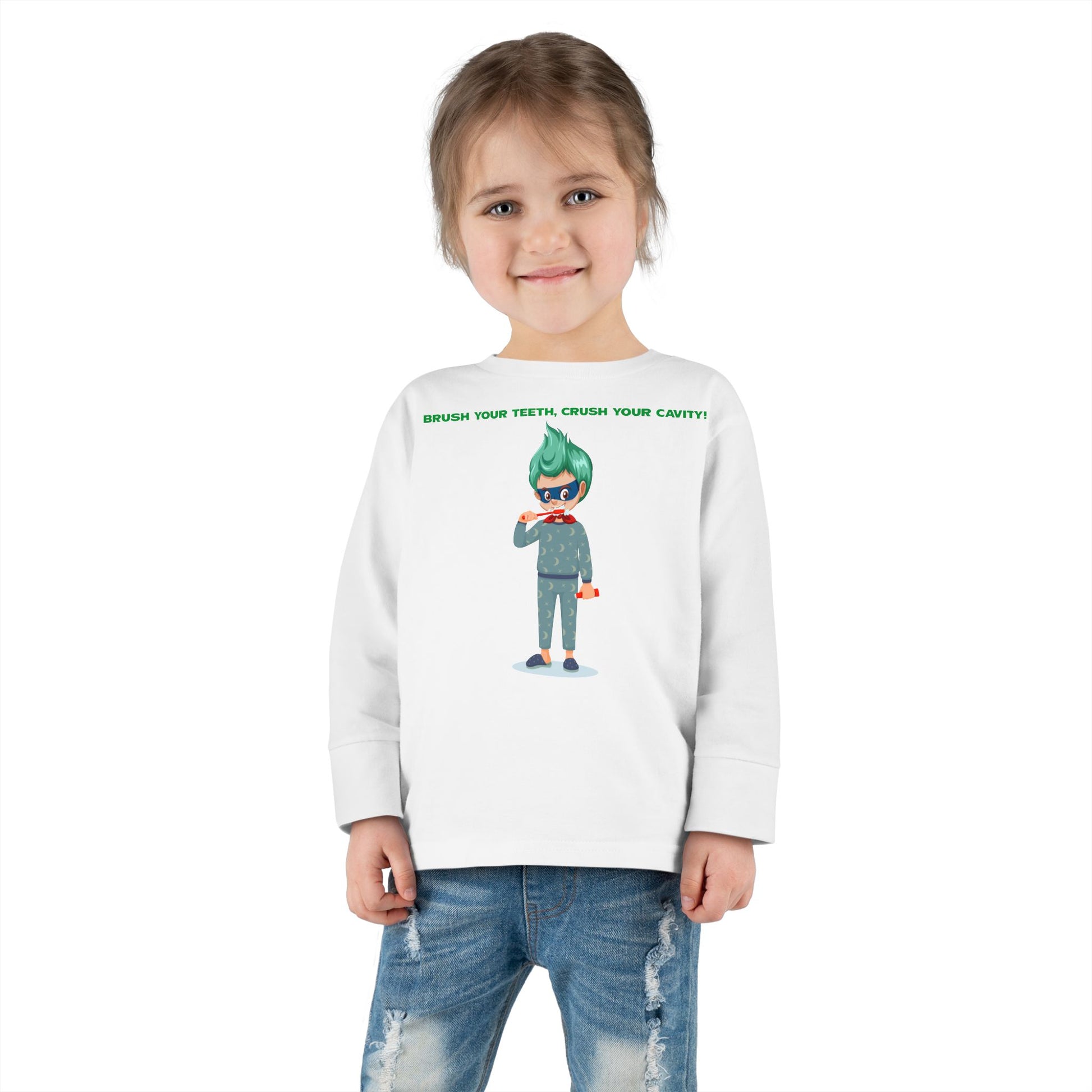 Toddler Long Sleeve Tee - Super kiddo brushing teeth - [[{"value":"Wonderwear Kid"}]]