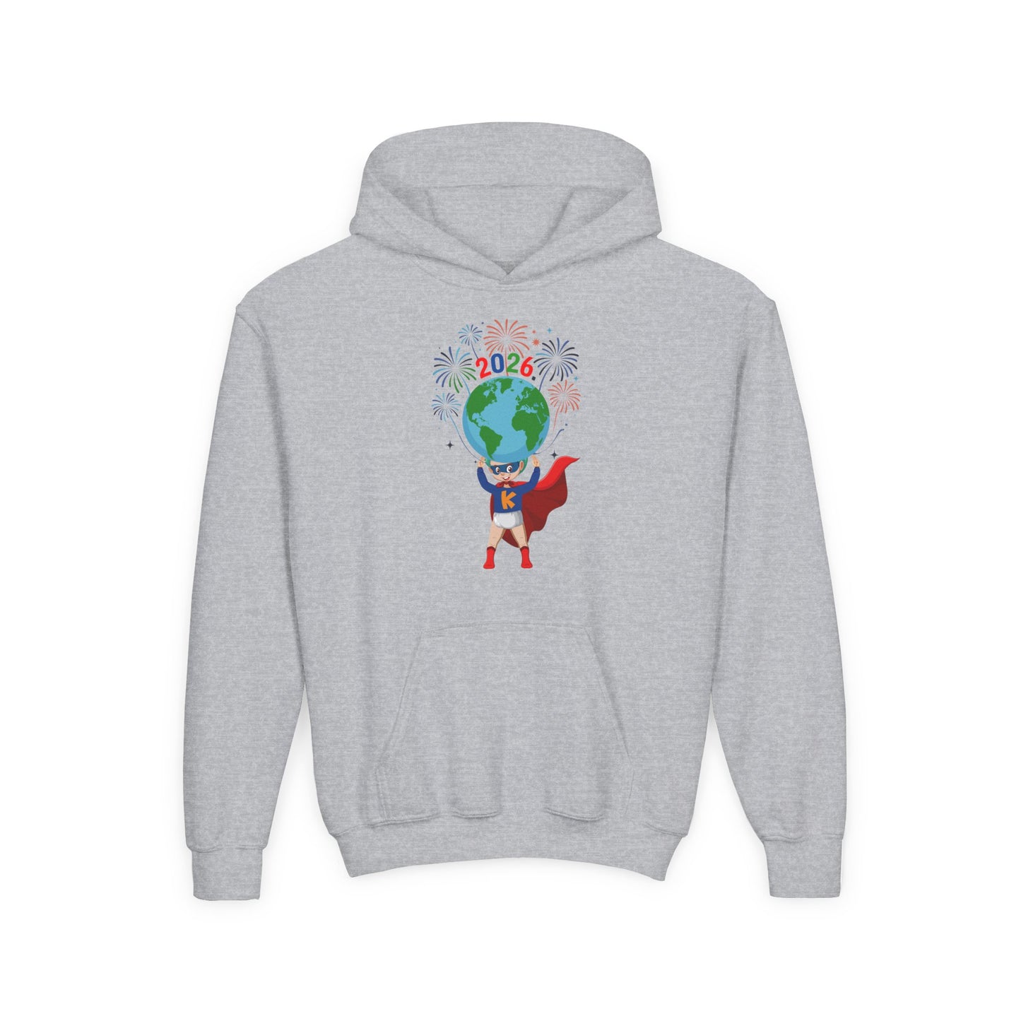 Youth Heavy Blend Hooded Sweatshirt - Super kiddo holding globe