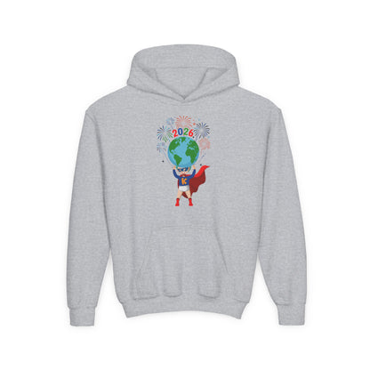 Youth Heavy Blend Hooded Sweatshirt - Super kiddo holding globe - [[{"value":"Wonderwear Kid"}]]
