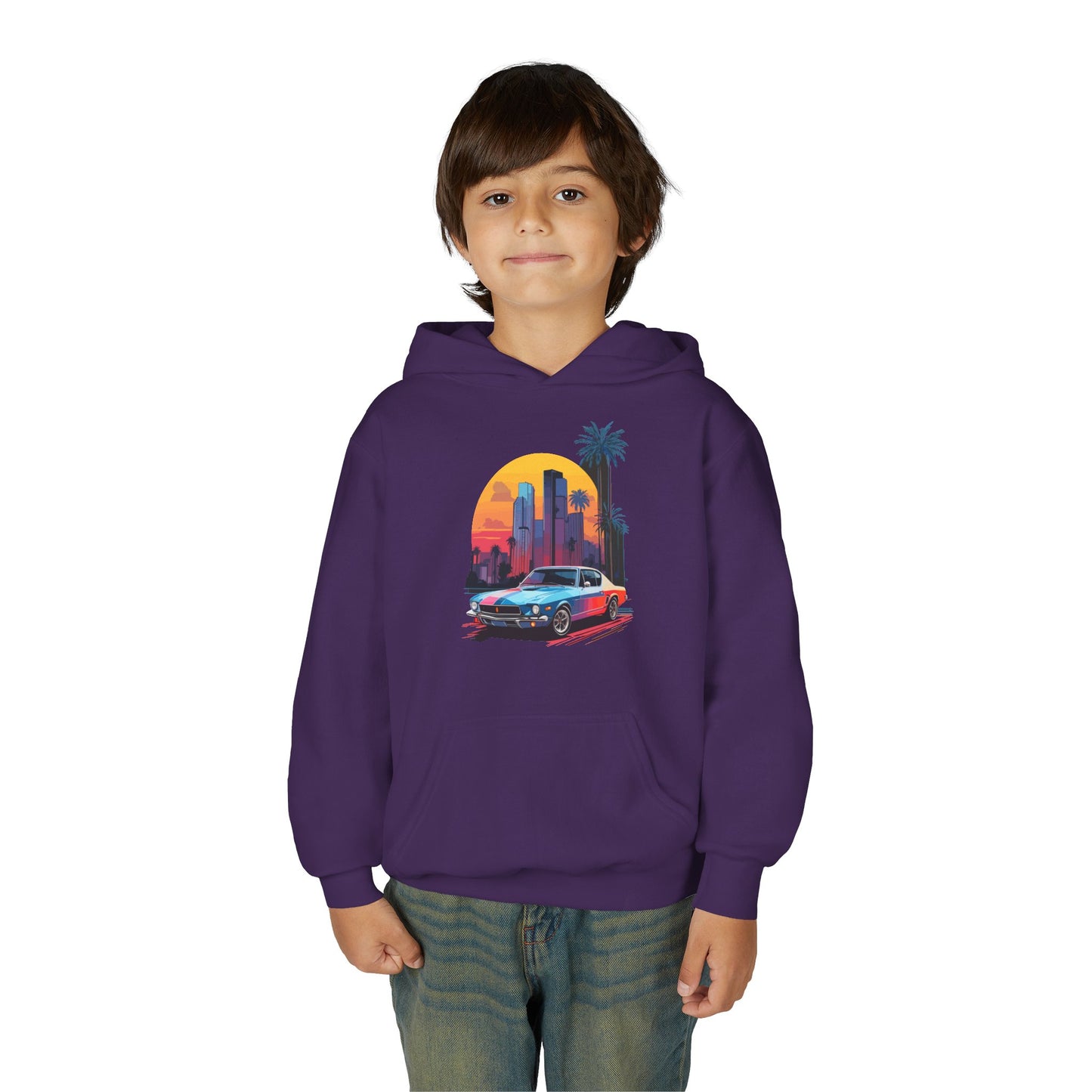 Youth Heavy Blend Hooded Sweatshirt - Vintage Car Sunset