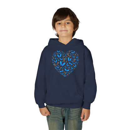 Youth Heavy Blend Hooded Sweatshirt -  Heart shape blue morpho butterfly Printify