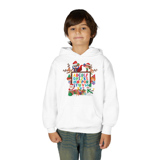 Youth Heavy Blend Hooded Sweatshirt - Christmas alphabet with super kiddo