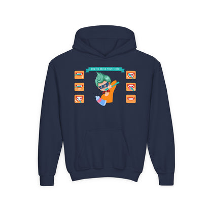 Youth Heavy Blend Hooded Sweatshirt - Super kiddo how to brush teeth - [[{"value":"Wonderwear Kid"}]]