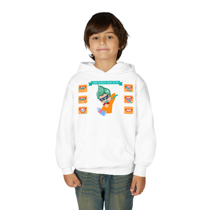 Youth Heavy Blend Hooded Sweatshirt - Super kiddo how to brush teeth - [[{"value":"Wonderwear Kid"}]]