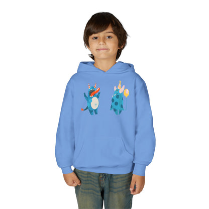 Youth Heavy Blend Hooded Sweatshirt - Blue monsters in action Printify